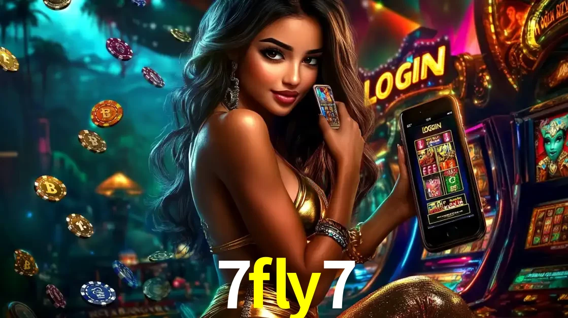 Mulher em um cenário de cassino temático de aventura, mostrando o app de caça-níqueis da 7fly7 no celular. Fichas de apostas flutuam ao redor.