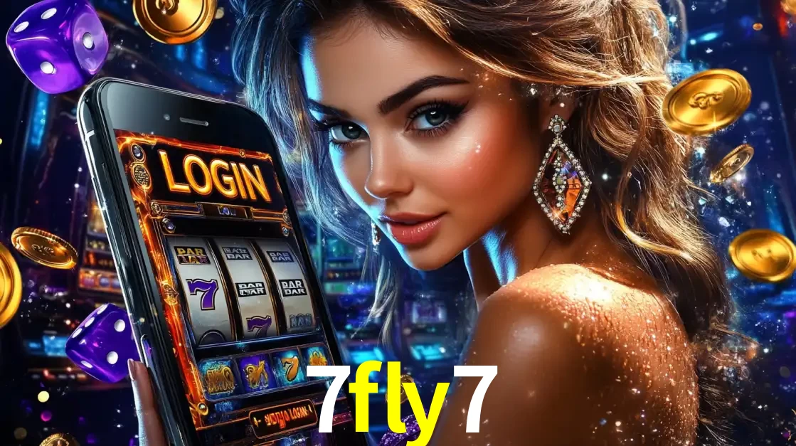 Mulher glamorosa segurando um smartphone com a tela de login para os jogos de caça-níqueis do cassino online 7fly7, com moedas de ouro e dados ao redor.