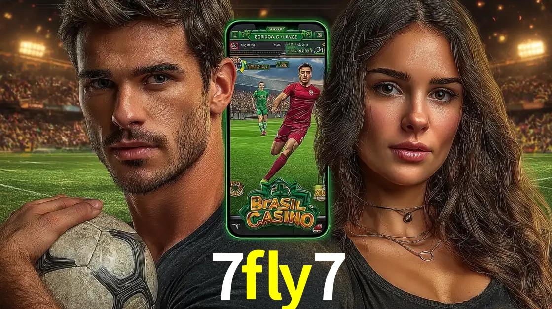 Homem segurando uma bola de futebol e uma mulher ao lado de um smartphone exibindo o jogo de apostas esportivas da 7fly7. Faça seu palpite no cassino online.